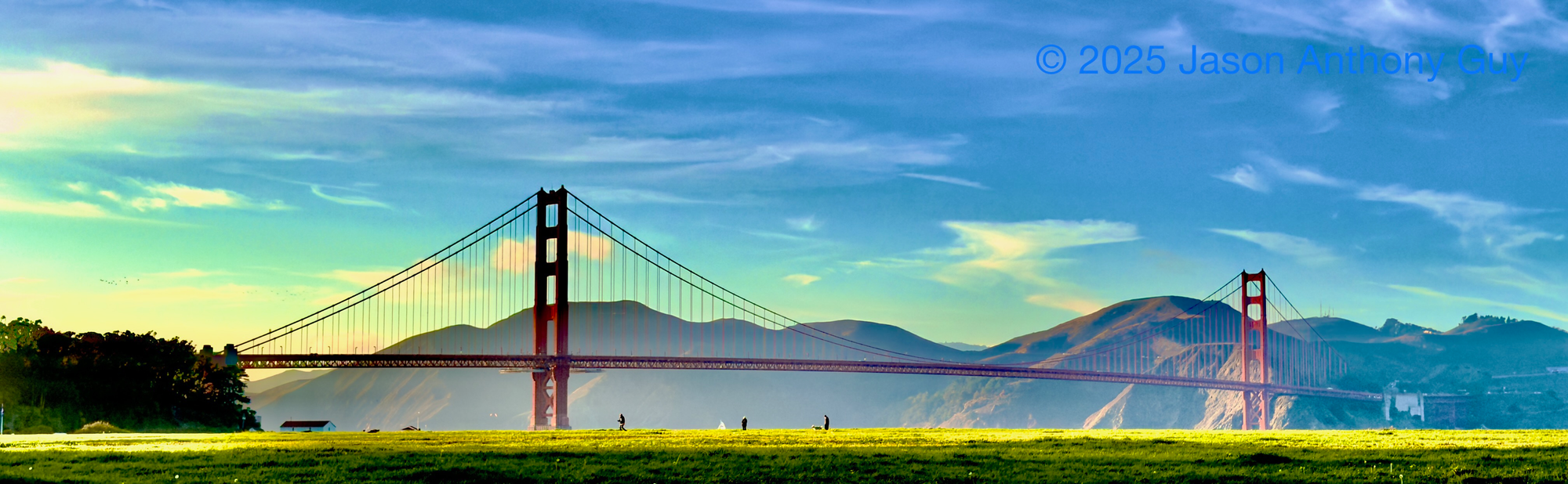 Photograph of the Golden Gate Bridge, with yellow-green grass in the foreground, the dusky orange bridge, the brown hills behind, with turquoise skies above. The effect is that of an oil painting.